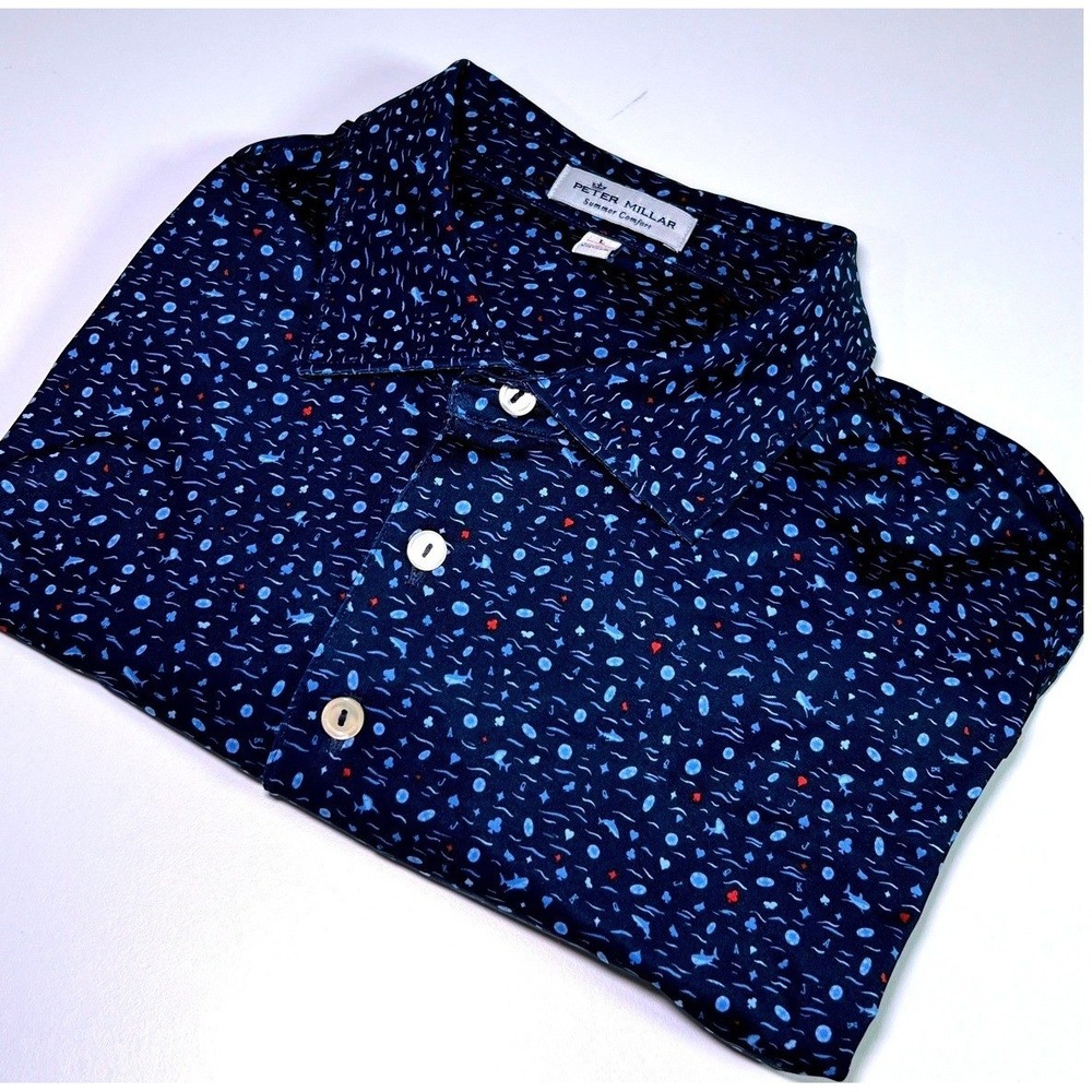 Peter Millar Summer Comfort Polo Mens L Navy Rare AOP Casino Night Golf Preppy